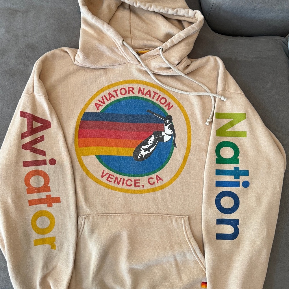 Aviator Nation Tan Hoodie with Colorful Graphics